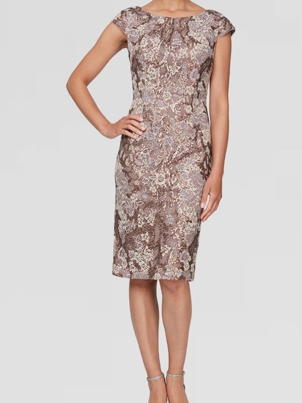 Alex Evenings Taupe and Cream Lace Sheath Dress